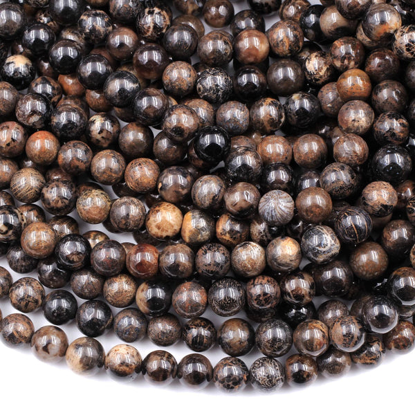 Natural Dark Black Brown Fossil Coral 8mm Round Beads 16" Strand