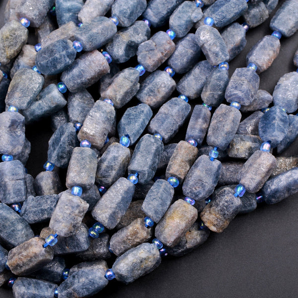 Raw Organic Natural Blue Sapphire Tube Nugget Beads Hand Hammered Rough Genuine Sapphire Gemstone 16" Strand