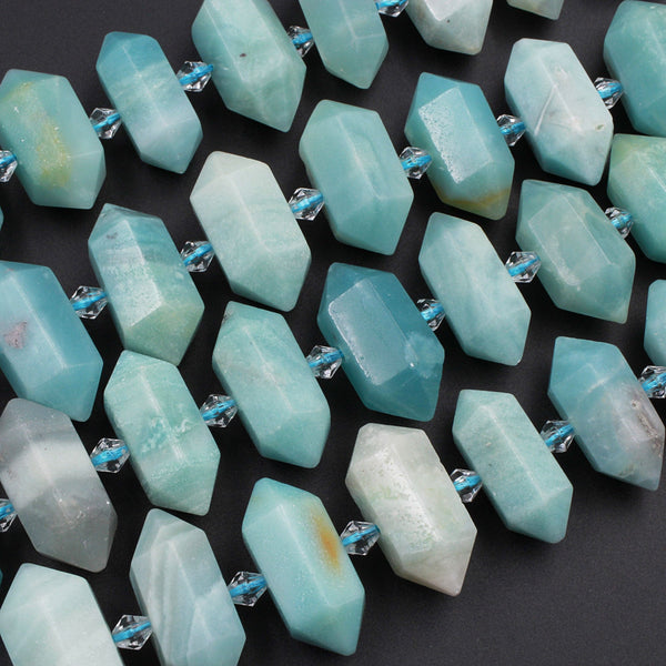 Double Terminated Blue Amazonite Points Center Drilled Focal Pendant Bead Bullet Bicone 16" Strand