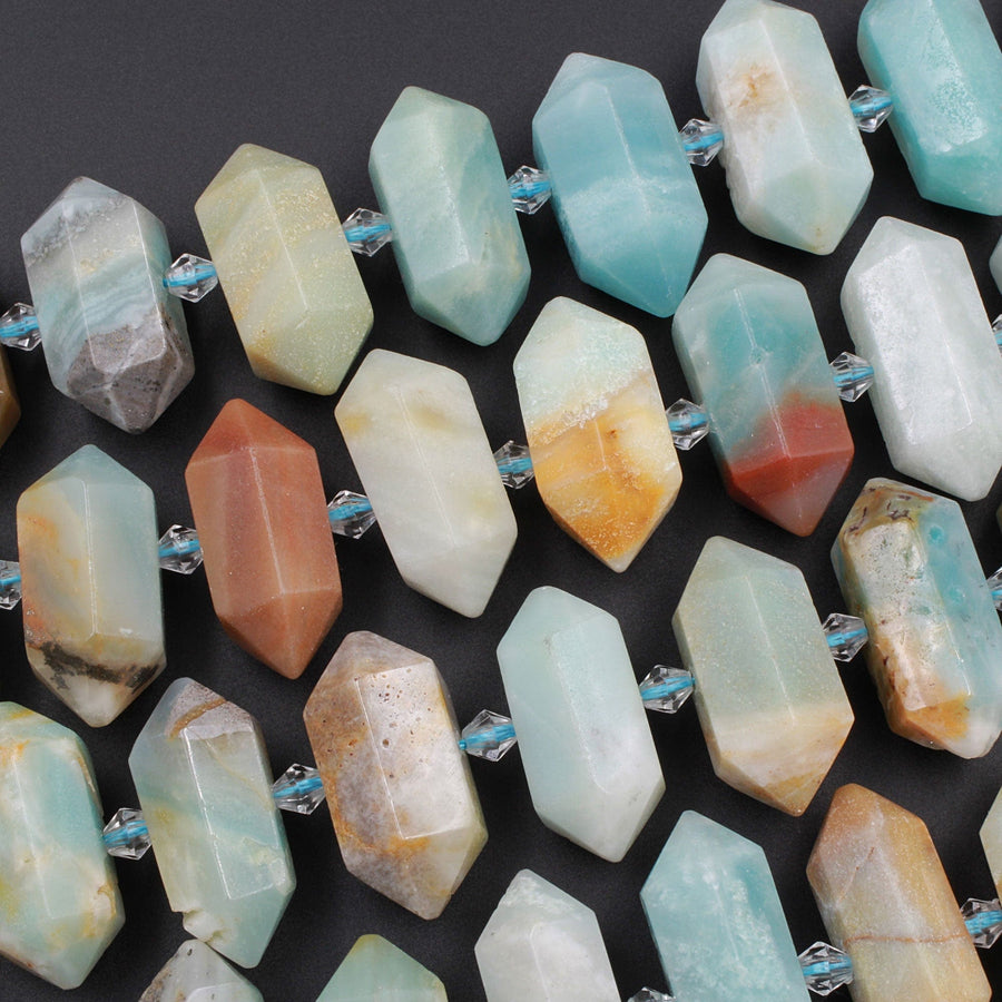 Double Terminated Multicolor Amazonite Points Center Drilled Focal Pendant Bead Bullet Bicone 16" Strand