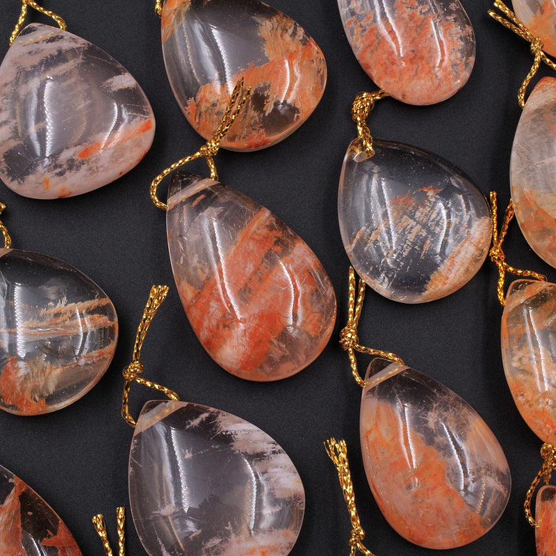 Rare Natural Red Phantom Quartz Puffy Teardrop Pendant Side Drilled Gemstone Focal Bead