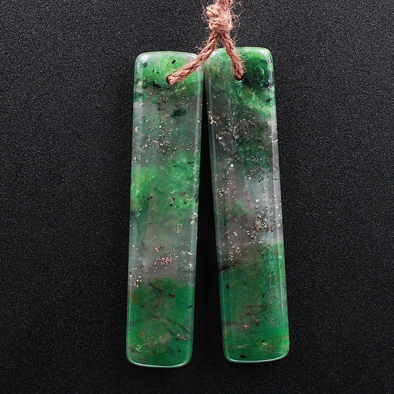 Rare! Pyrite in Green Jade Rectangle Stone Pair Matched Gemstone Earrings Bead Pair