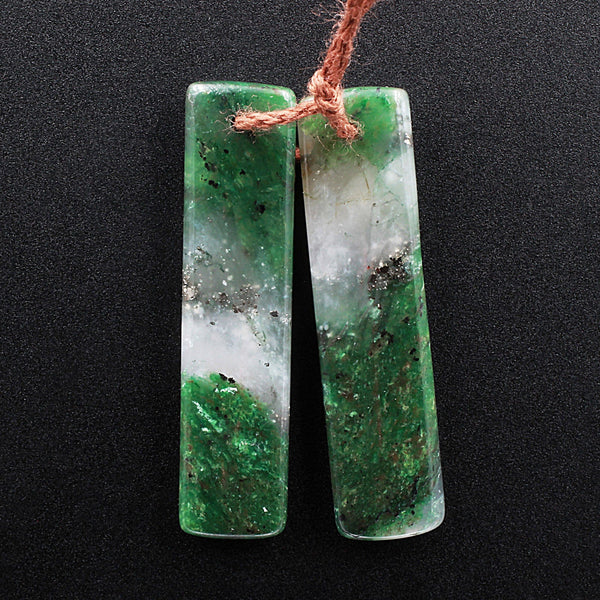 Rare! Pyrite in Green Jade Rectangle Stone Pair Matched Gemstone Earrings Bead Pair A2