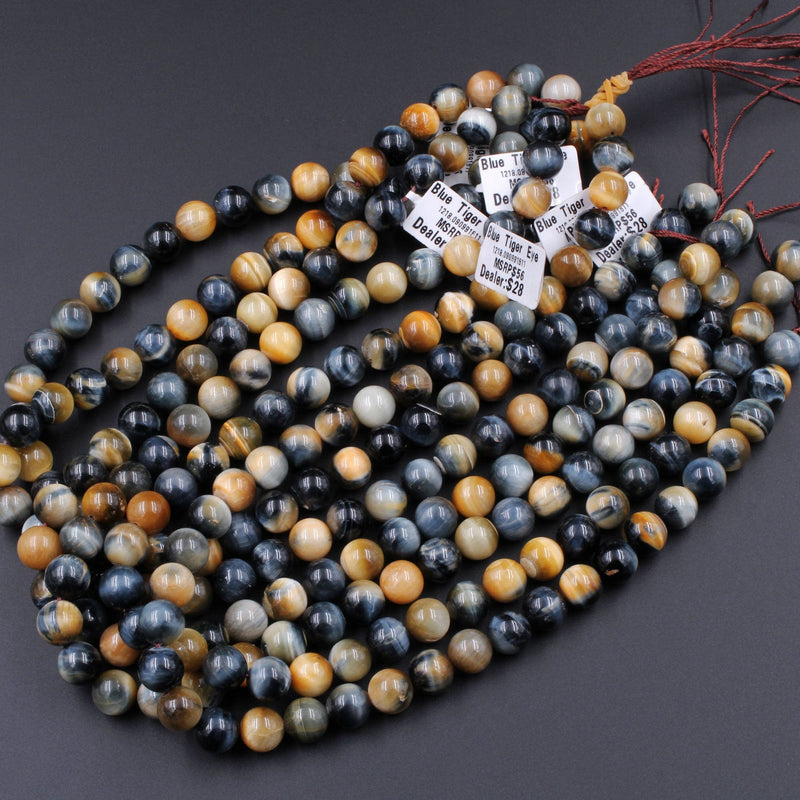 Natural Blue Blonde Tiger Eye Beads Smooth 4mm 6mm 8mm 10mm Round Amazing Chatoyance 15.5" Strand