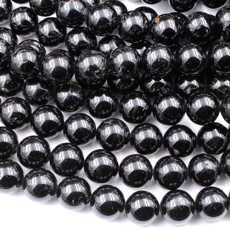 Genuine 100% Natural Black Tourmaline Round Beads 4mm 6mm 8mm 10mm 12mm 14mm 16" Strand