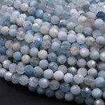 Micro Faceted Natural Aquamarine 4mm 5mm Round Beads Laser Diamond Cut Real Genuine Blue Aquamarine Gemstone 16" Strand