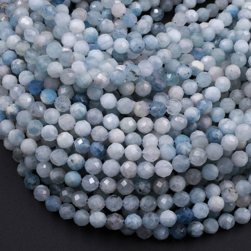 Micro Faceted Natural Aquamarine 4mm 5mm Round Beads Laser Diamond Cut Real Genuine Blue Aquamarine Gemstone 16" Strand