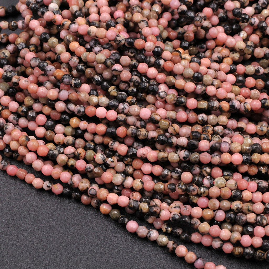 Faceted Natural Pink Rhodonite 2mm Round Beads 16" Strand