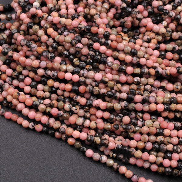 Faceted Natural Pink Rhodonite 2mm Round Beads 16" Strand