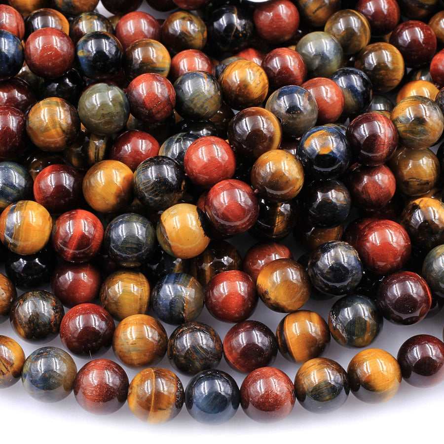 AAA Natural Blue Red Gold Brown Tiger's Eye Beads Smooth 6mm 8mm 10mm 12mm Round Tricolor Multicolor 15.5" Strand