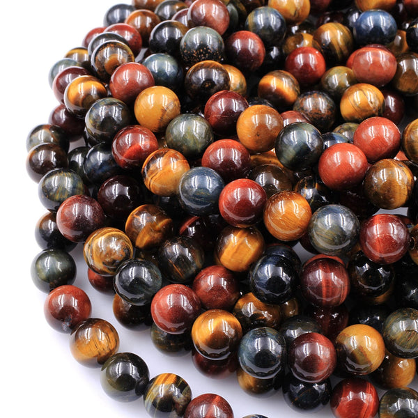 AAA Natural Blue Red Gold Brown Tiger's Eye Beads Smooth 6mm 8mm 10mm 12mm Round Tricolor Multicolor 15.5" Strand