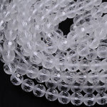 Half Matte Half Faceted Natural Rock Crystal Quartz 6mm 8mm 10mm Round Beads Extra Icy Clear Rock Crystal Sparkling Diamond Cut 16" Strand