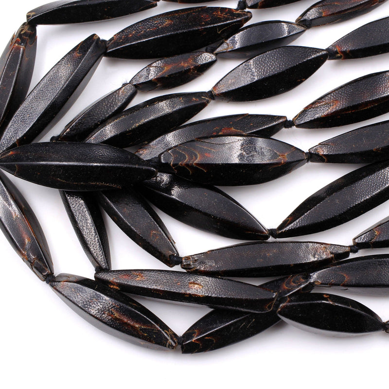 Natural Black Coral Beads Long Diamond Tube Marquise Shape 16" Strand
