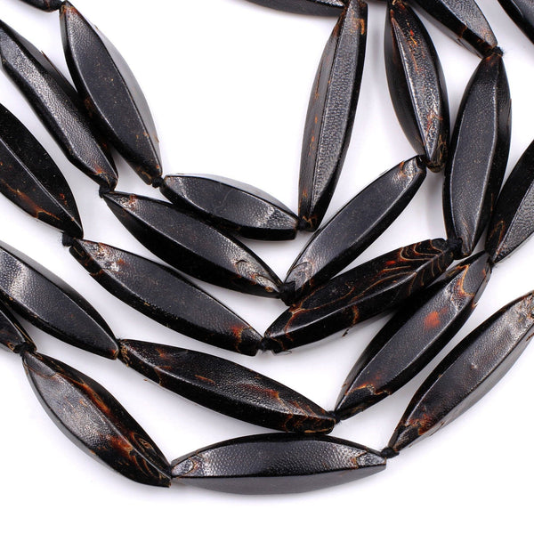 Natural Black Coral Beads Long Diamond Tube Marquise Shape 16" Strand