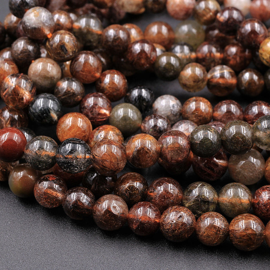 Multicolor Natural Deep Dark Red Brown Coffee Green Rutile Quartz 5mm 6mm Round Beads 16" Strand
