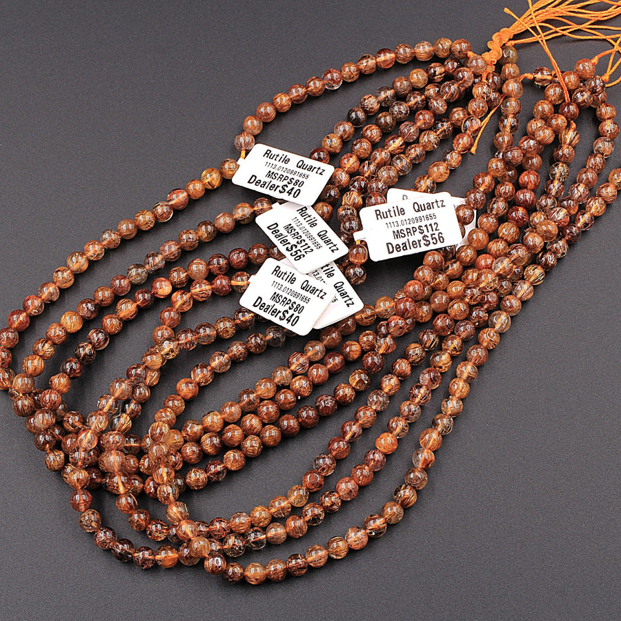 Natural Golden Red Rutile Quartz Round Beads 5mm 6mm 16" Strand