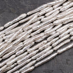 Super Long Slim Natural White Biwa Stick Pearl Freshwater 16" Strand