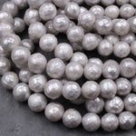 Faceted Genuine Freshwater Silver Pearl 10mm Round Shimmery Iridescent Beads 16" Strand