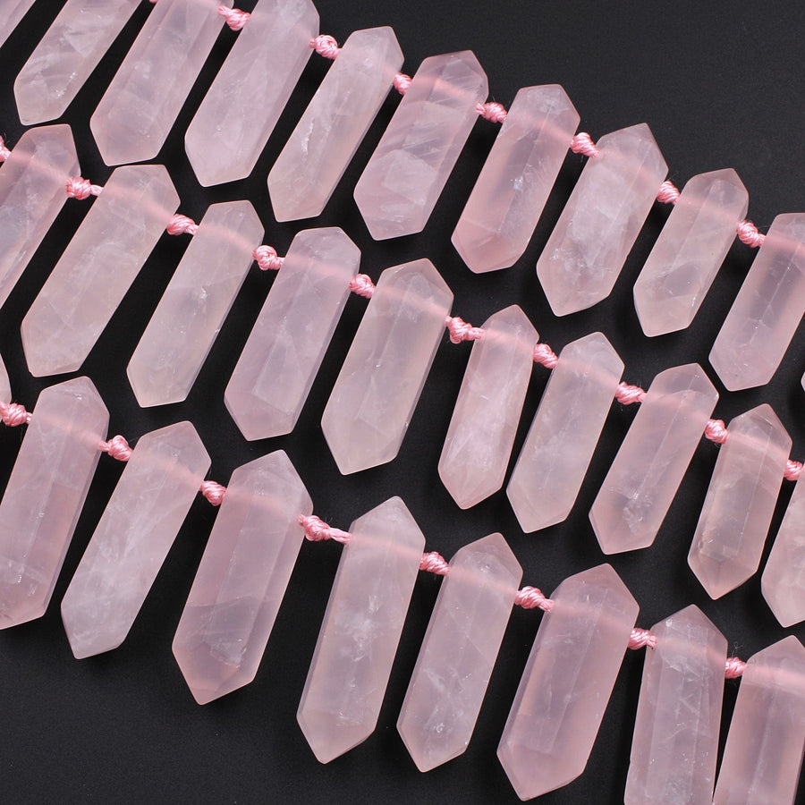 Matte Pink Rose Quartz Double Terminated Point Beads Large Side Drilled Focal Pendant Bullet Bicone 16" Strand
