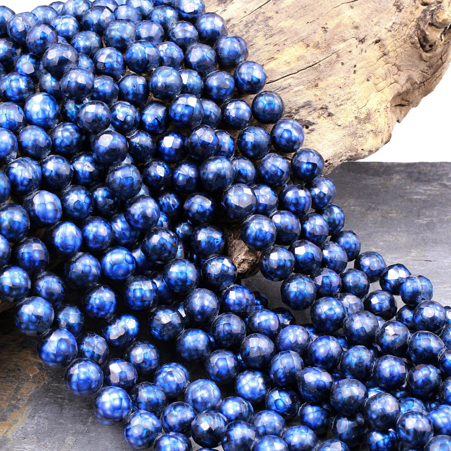 Faceted Genuine Freshwater Pearl Mystic Royal Blue Pearl 10mm Round Shimmery Iridescent Beads 16" Strand