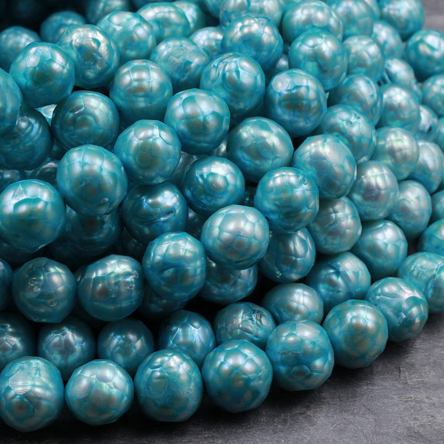 Faceted Pearls Aqua Blue Freshwater Pearl 10mm Round Shimmery Iridescent Beads 16" Strand