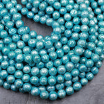 Faceted Pearls Aqua Blue Freshwater Pearl 10mm Round Shimmery Iridescent Beads 16" Strand