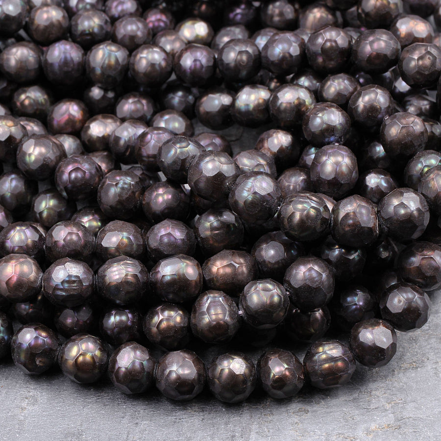 Faceted Pearls Dark Stormy Gray Freshwater Pearl 8mm Round Shimmery Iridescent Beads 16" Strand