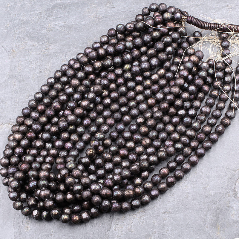 Faceted Pearls Dark Stormy Gray Freshwater Pearl 8mm Round Shimmery Iridescent Beads 16" Strand
