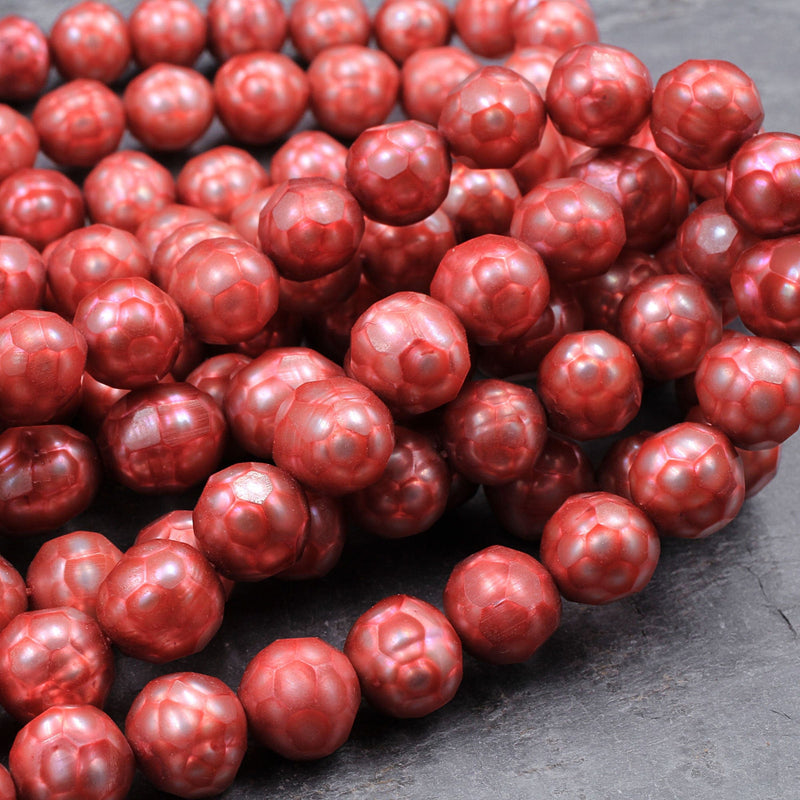 Faceted Genuine Freshwater Pearl Strawberry Red Pearl 8mm Round Shimmery Iridescent Beads 16" Strand