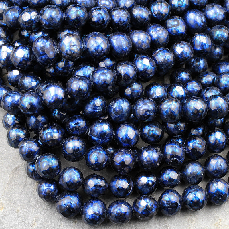 Faceted Genuine Freshwater Pearl Mystic Midnight Blue Pearl 10mm Round Shimmery Iridescent Beads 16" Strand