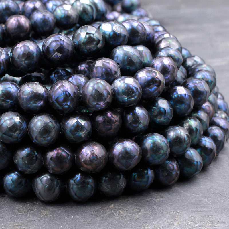 Faceted Genuine Freshwater Pearl Mystic Peacock Blue Pearl 8mm 10mm Round Shimmery Iridescent Beads 16" Strand