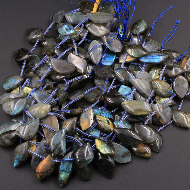 Natural Labradorite Beads Freeform Leaf Shape Side Drilled Pendant Focal Tones of Blue Green Gold Flashes 16" Strand
