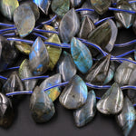 Natural Labradorite Beads Freeform Leaf Shape Side Drilled Pendant Focal Tones of Blue Green Gold Flashes 16" Strand