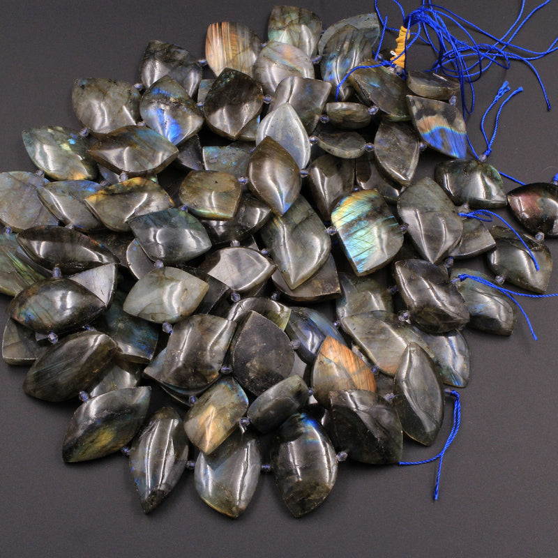 Large Center Drilled Labradorite Beads Freeform Slice Pendants Style Tones of Blue Green Gold Flashes 16" Strand