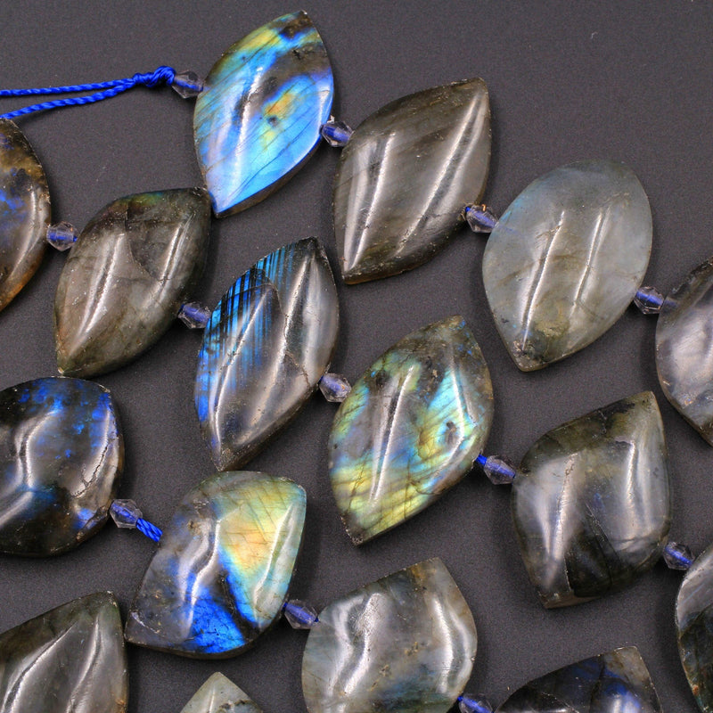Large Center Drilled Labradorite Beads Freeform Slice Pendants Style Tones of Blue Green Gold Flashes 16" Strand