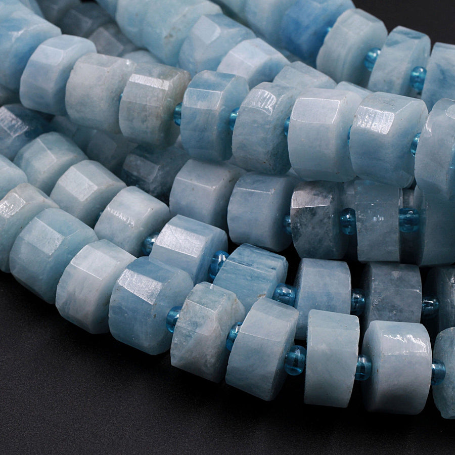 Natural Blue Aquamarine Faceted Rondelle Beads 8mm 10mm 12mm Wheel Diamond Cut with Sharp Facets 15.5" Strand
