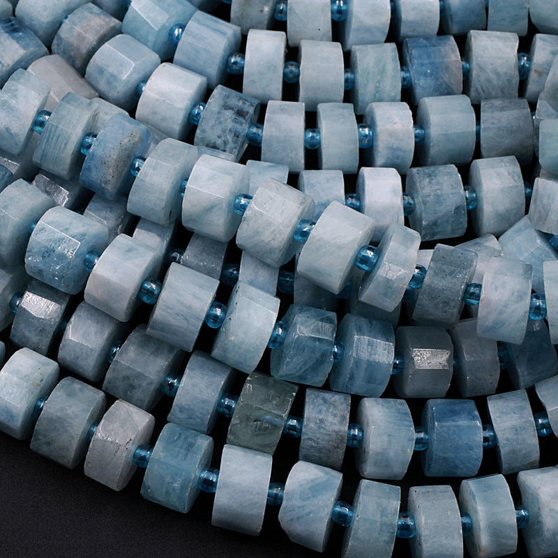 Natural Blue Aquamarine Faceted Rondelle Beads 10mm Wheel Diamond Cut with Sharp Facets 16" Strand