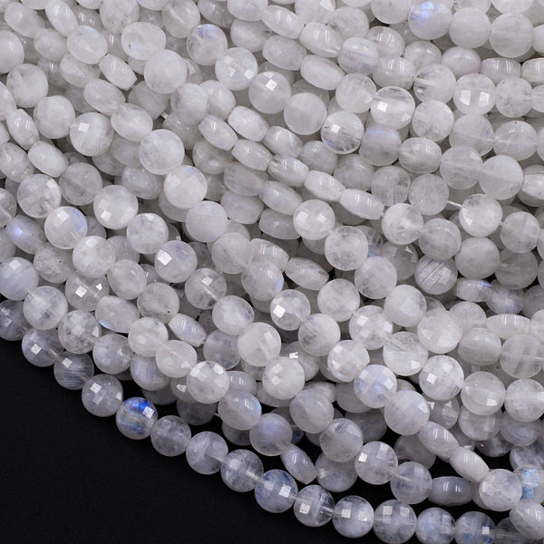 Faceted 6mm Rainbow Moonstone Coin Beads Flat Disc Dazzling Facets Gemstone 16" Strand