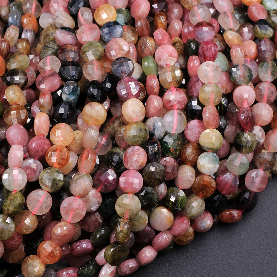 Faceted 6mm Tourmaline Coin Beads Flat Disc Real Genuine Pink Green Watermelon Tourmaline Gemstone 16" Strand