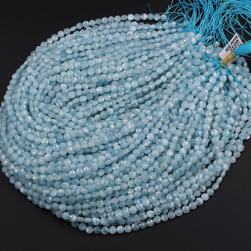 Faceted 6mm Blue Aquamarine Coin Beads Flat Disc Dazzling Facets Natural Gemstone 16" Strand