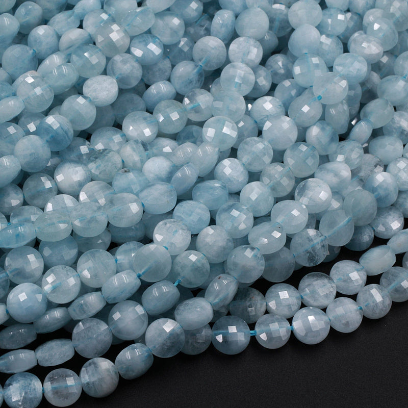 Faceted 6mm Blue Aquamarine Coin Beads Flat Disc Dazzling Facets Natural Gemstone 16" Strand