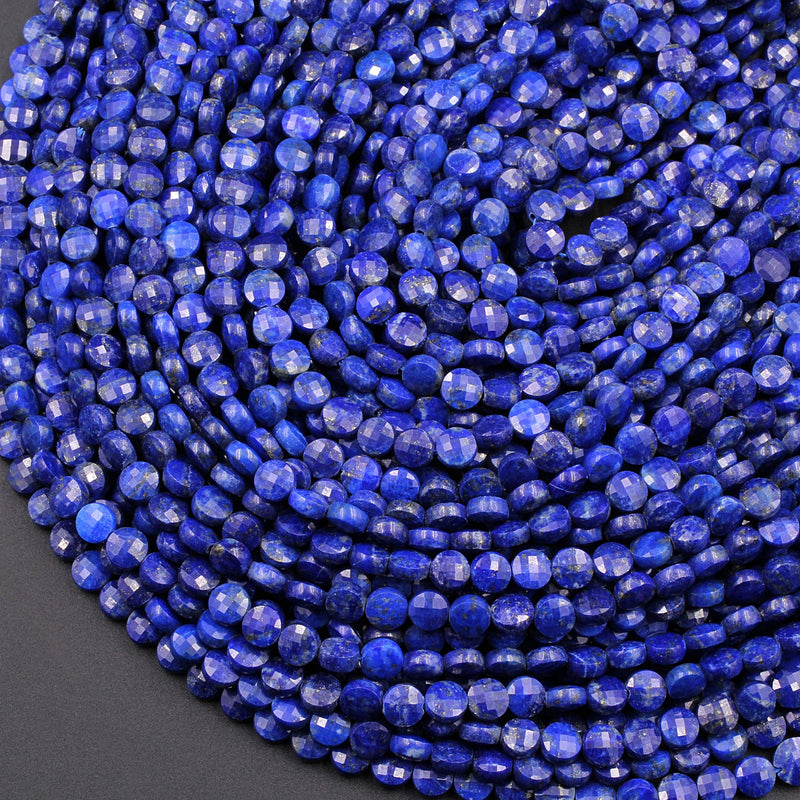 Faceted 6mm Blue Lapis Coin Beads Flat Disc Dazzling Facets Natural Gemstone 16" Strand