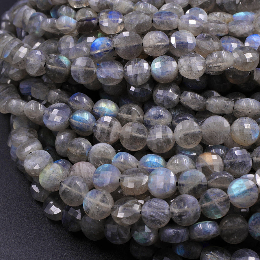 AAA Faceted 4mm 6mm 8mm Labradorite Coin Beads Flat Disc Dazzling Facets Natural Gemstone 15.5" Strand
