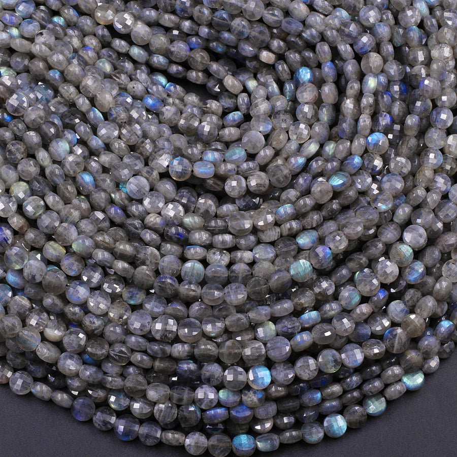 AAA Faceted 4mm 6mm 8mm Labradorite Coin Beads Flat Disc Dazzling Facets Natural Gemstone 15.5" Strand