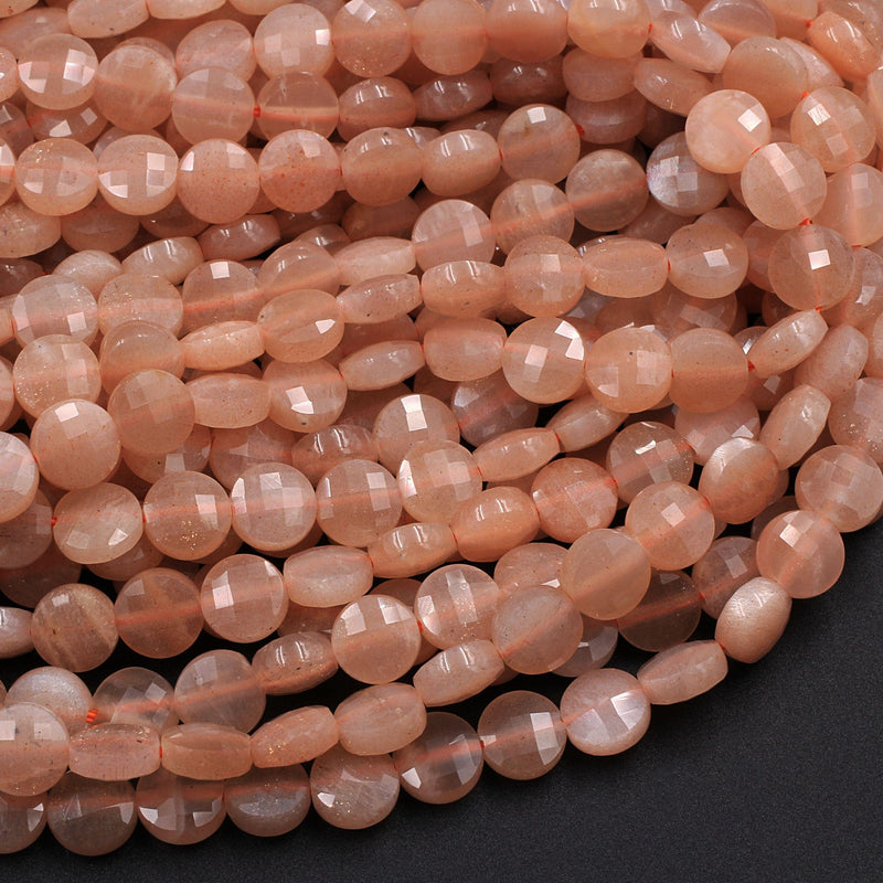 Faceted 6mm Peach Moonstone Coin Beads Flat Disc Dazzling Facets Natural Gemstone 16" Strand