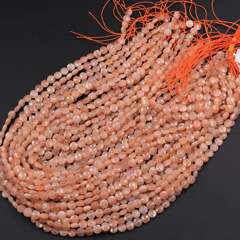 Faceted 6mm Peach Moonstone Coin Beads Flat Disc Dazzling Facets Natural Gemstone 16" Strand