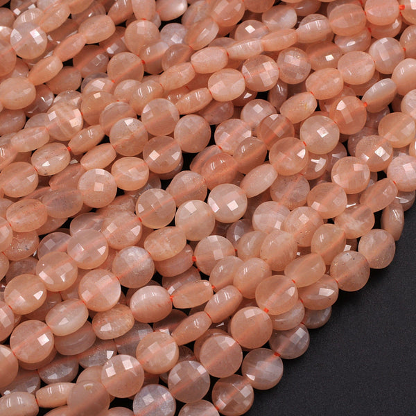 Faceted 6mm Peach Moonstone Coin Beads Flat Disc Dazzling Facets Natural Gemstone 16" Strand