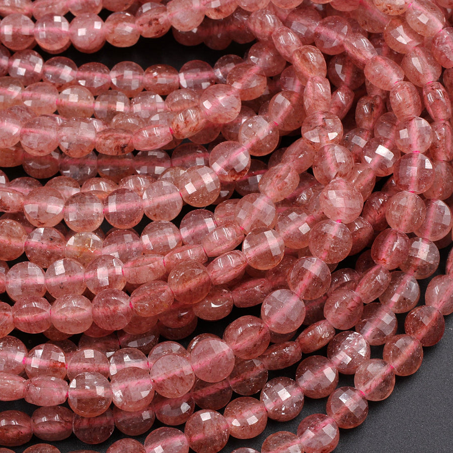 AAA Faceted 6mm Strawberry Quartz Coin Beads Flat Disc Dazzling Facets 16" Strand
