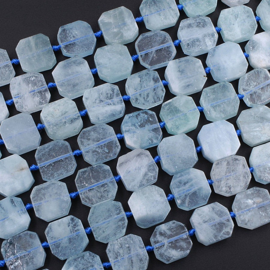 Natural Blue Aquamarine Square Beads Geometric Octagon Cut Chiseled Edge 15.5" Strand