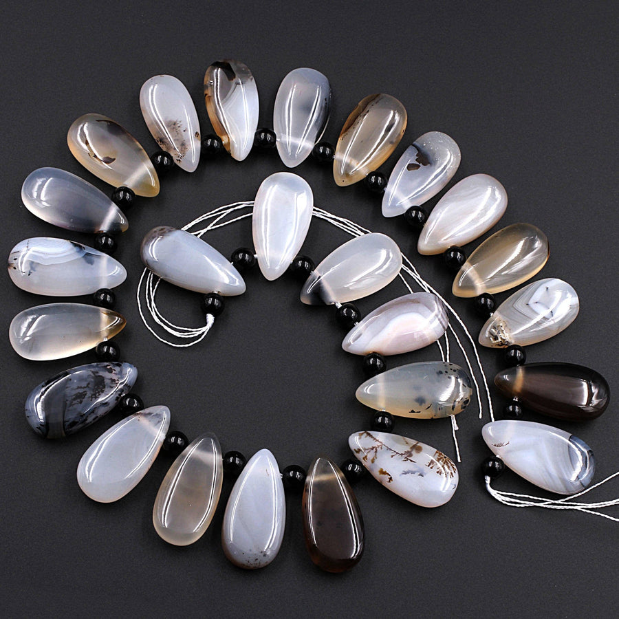 Natural Montana Agate Teardrop Focal Beads Highly Polished Amazing Scenic Pattern Dendritic Matrix 15.5" Strand